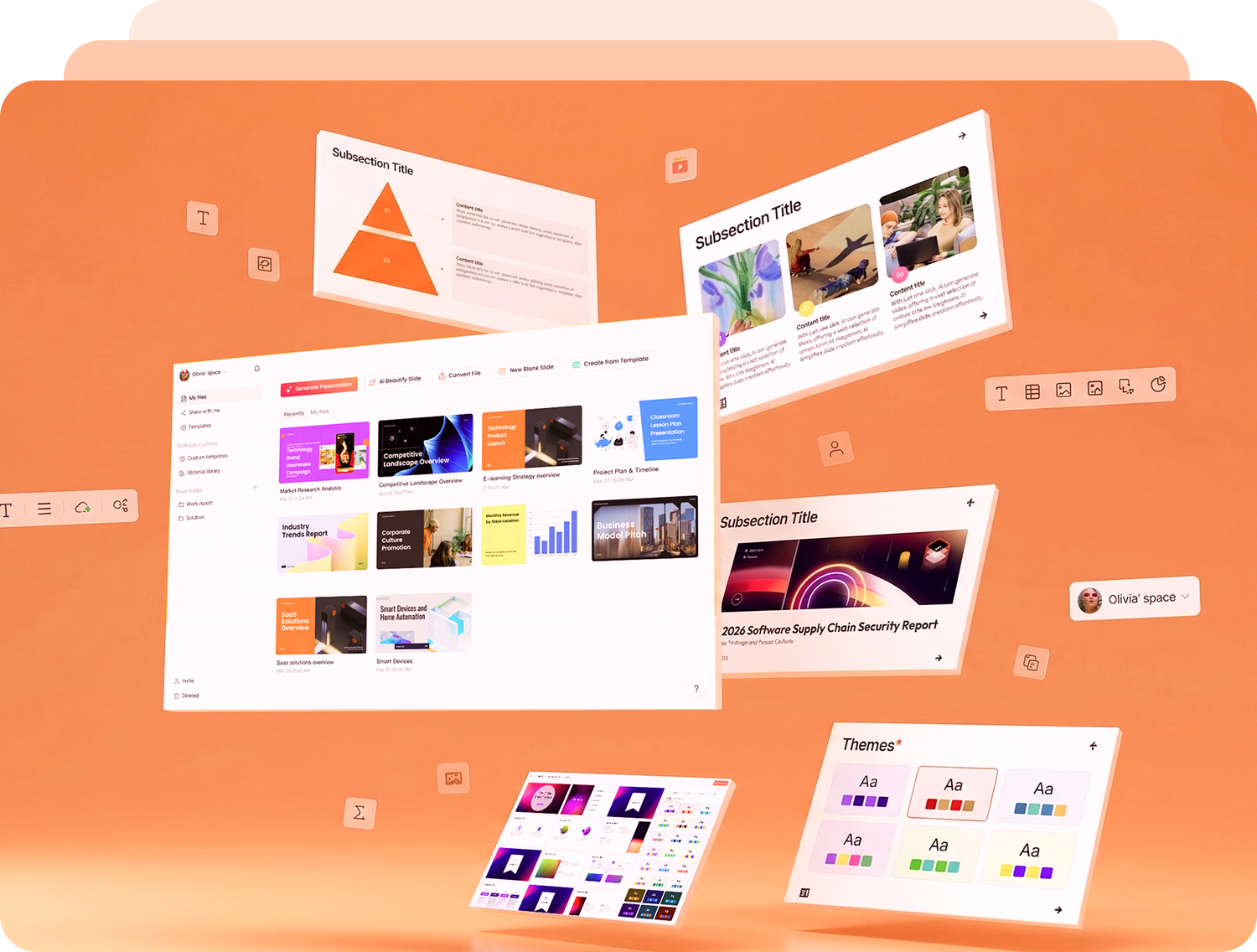 AI generated presentation slides and theme panels